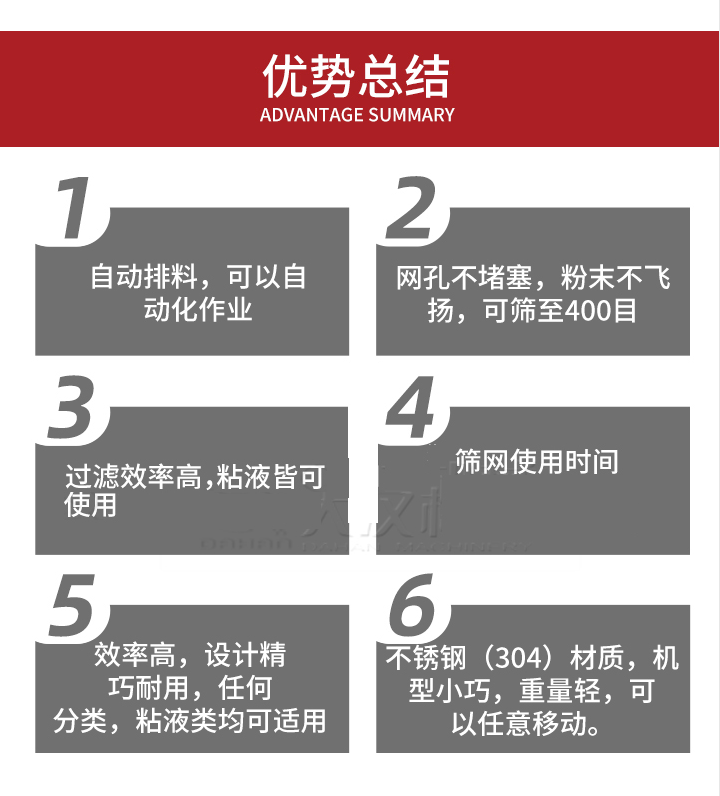 過濾篩優勢總結：1，自動排料，可以自動化作用。2，網孔不堵塞，粉塵不飛揚，可篩至400目。3，過濾效率高，任何粒，粉，粘液也可使用。4，篩網設計大大提高了篩網使用時間，也魏換網提高了方便。5，效率高，設計精巧耐用，任何分類設計精巧耐用，任何分類，粘液類均可適用。6，不銹鋼材質機型小巧，重量輕，可以任意移動。