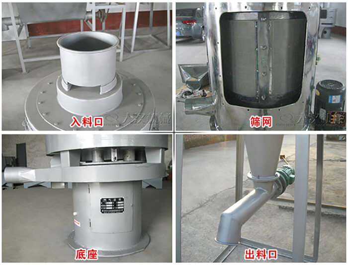 氣流篩部件展示：入料口，篩網，底座，出料口等。