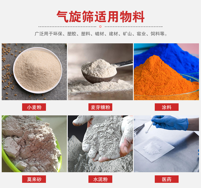 氣旋篩適用物料：小麥粉，麥芽糖粉，涂料，等粉狀物料。